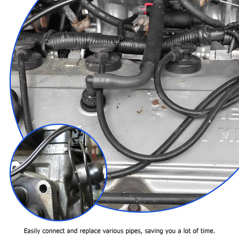 Get Your Car Running Smooth With This Slick 70 Piece Vacuum Line Kit Featuring Super Durable 5 Foot Silicone Hoses And 64 Secure Connectors In Multiple Sizes For Any Vehicle Piping System You Need To Fix Up Today. black silicone vacuum hoses on engine with connectors