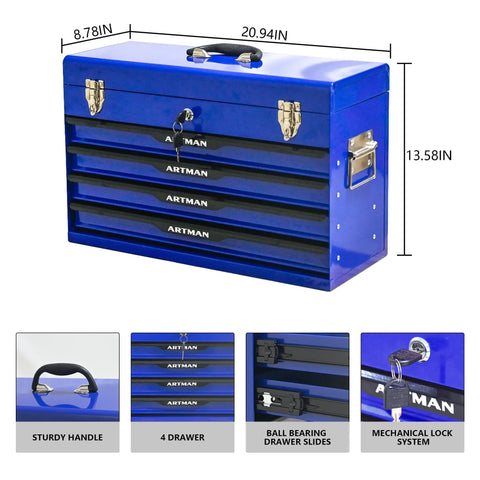 20 Inch Steel Portable Tool Box With Drawers Tool Storage Box Organizer With Metal Lock Closure Powder Coated Blue Cabinet