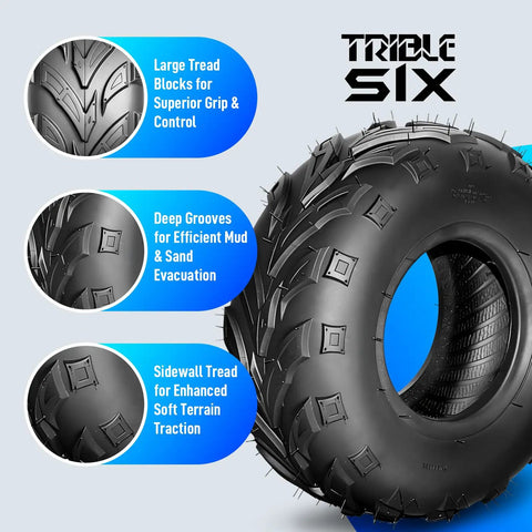 Go Kart Tires 145/70-6 4 Ply Tubeless Directional Tread For Sand Mud Trail Replacement Set Pack Of 2 close-up view, tread details