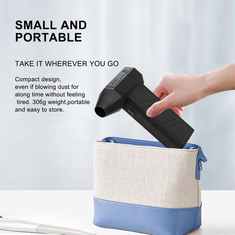 Person placing Upgraded Turbocharged Brushless Turbine Fan With Mini Turbo Design into a small beige and blue pouch.