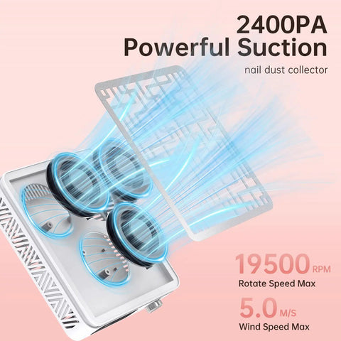 Heavy Duty Cordless Nail Dust Collector With Beast Mode 19500 Rpm Suction For Gel And Acrylic Files showing powerful suction design.
