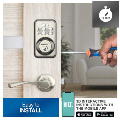 Electronic Keyless Entry Door Lock With Illuminated Keypad And Auto Locking Deadbolt 20 User Codes Front Door Garage Or Office Easy Programming No Key Needed Hassle Free Entry shown during installation with screwdriver.