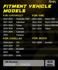 Fitment chart for Straight Plug And Play 433 Mhz Tpms Tire Pressure Sensors for various GM vehicles from 2020 to 2024.