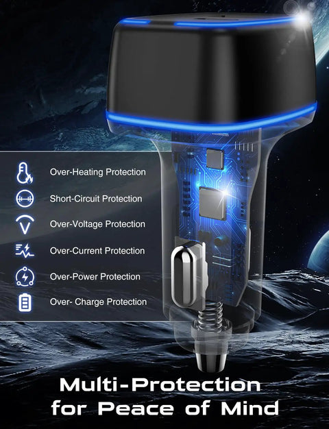 Super Slim 3 Port USBC Car Charger With Dual PD 20W Fast Charging And Quick Charge Adapter showing internal components and protections.