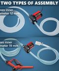 12V DC Gasoline Fuel Transfer Pump Kit With Self Priming And Reversible Pumping For Gasoline Diesel Mineral Oil And Kerosene Includes Hoses Connectors Filter Nozzle PTFE Tape Overheat Protection Explosion Proof Safe And Easy Diy Install showing two hose diameter options.