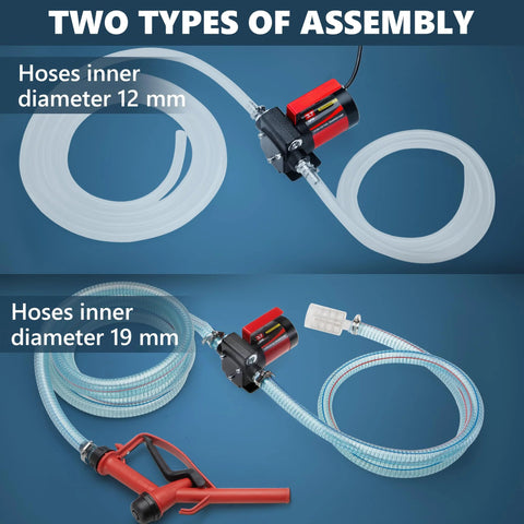12V DC Gasoline Fuel Transfer Pump Kit With Self Priming And Reversible Pumping For Gasoline Diesel Mineral Oil And Kerosene Includes Hoses Connectors Filter Nozzle PTFE Tape Overheat Protection Explosion Proof Safe And Easy Diy Install showing two hose diameter options.