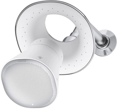 Moxie Alexa Enabled Showerhead With Dope Bluetooth Speaker And Radio Waterproof IPX7 Rated Shower Speaker Rechargeable Portable Speaker 1.75 GPM Polished Chrome, view from below showing speaker grille and chrome finish.