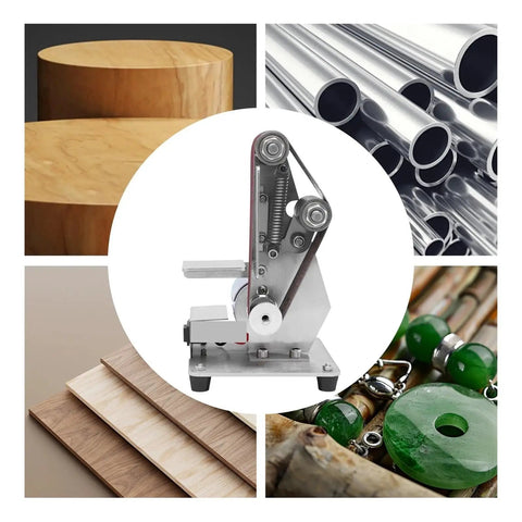 Mini Electric Belt Sander And Polisher Machine Desktop Grinding Tool on workbench with wood and metal materials, compact design.