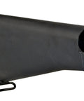A2 Style Fixed Rifle Stock In Black Built From High Strength Reinforced Polymer For Rock Solid Rugged Performance And True Rifle Length Setup Classic Look Reliable Feel For Traditional Firearm Use, close-up view.