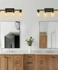 Rustic Black Four Light Vanity Wall Light Sconces For Bathroom Over Mirror Wood Finish Industrial Vintage Look Ideal For Bedroom Hallway And Kitchen Modern Upgrade with wood accents in a bathroom setting over a double sink