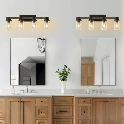 Rustic Black Four Light Vanity Wall Light Sconces For Bathroom Over Mirror Wood Finish Industrial Vintage Look Ideal For Bedroom Hallway And Kitchen Modern Upgrade with wood accents in a bathroom setting over a double sink