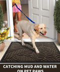All Season Waterproof Front Door Mat For Indoor Outdoor Use 29.5x17 Non Slip Doormat For Garage Patio Entryway Brown Heavy Duty Weatherproof Entrance Mat with dog on leaf-patterned surface