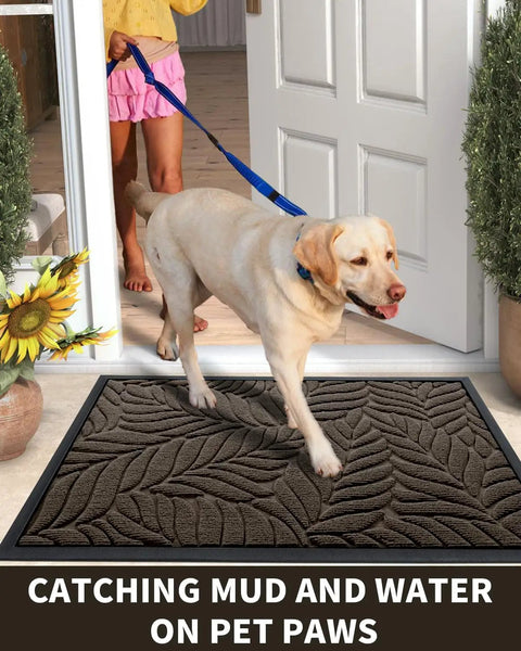 All Season Waterproof Front Door Mat For Indoor Outdoor Use 29.5x17 Non Slip Doormat For Garage Patio Entryway Brown Heavy Duty Weatherproof Entrance Mat with dog on leaf-patterned surface