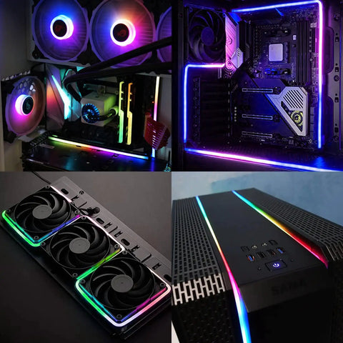 "Lit ARGB PC Light Strips For 5V 3 Pin Headers illuminating various PC components and cases with vibrant RGB lighting"