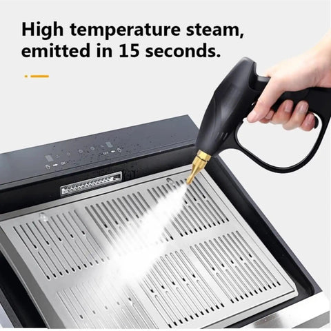 Massive 3200W High Pressure Steam Cleaner in use, emitting high temperature steam onto a stainless steel range hood surface.