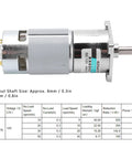 Solid 42GA775 DC Gear Motor 12V Low Speed Reversible CW CCW With All Metal Gears Overcurrent Protection for Automation And Robotics Builds close-up of output shaft and specifications table