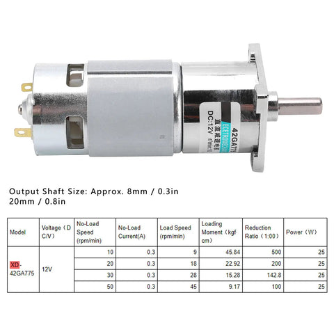 Solid 42GA775 DC Gear Motor 12V Low Speed Reversible CW CCW With All Metal Gears Overcurrent Protection for Automation And Robotics Builds close-up of output shaft and specifications table