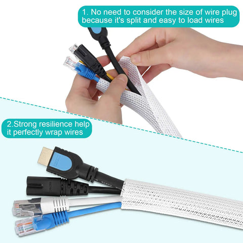 Hands using 20ft Braided Cable Sleeve 0.8 Inch Diameter For Desk PC TV And Home Office Self Wrap Wire Protector And Cable Organizer Easy Cut