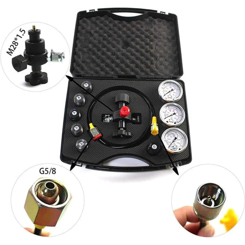Nitrogen Accumulator Charging Kit For Hydraulic Systems, Pro Grade Nitrogen Pressure Test System With 3 Gauges And 7 Couplings, 1 Gas Hose, Easy Inflation, Accurate Multi Point Pressure Checks
