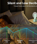 Portable Handheld Fan With Built In Power Bank And Flashlight USB C Rechargeable Mini Pocket Fan Delivers Up To 26 Hours Of Breeze next to a sleeping person, illustrating low noise level.