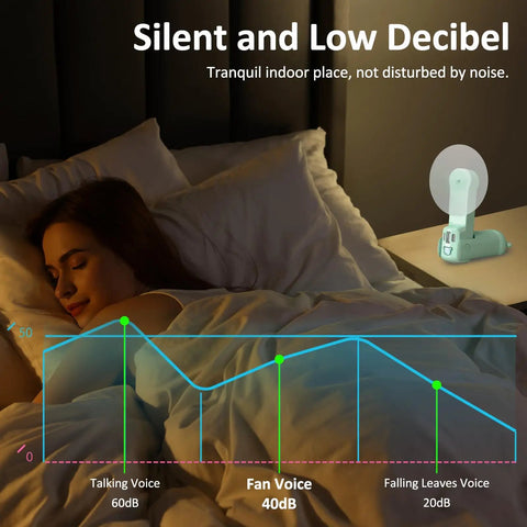 Portable Handheld Fan With Built In Power Bank And Flashlight USB C Rechargeable Mini Pocket Fan Delivers Up To 26 Hours Of Breeze next to a sleeping person, illustrating low noise level.