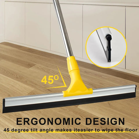 All In One Floor Scrubber Squeegee With Long Stainless Steel Handle, Heavy Duty Rubber Silicone Blade on wooden floor