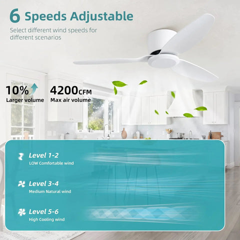 WINDBROOK Modern Ceiling Fan No Light, 42 Inch Black 3 Blade Ceiling Fan With Remote, showcasing adjustable 6 speeds in a bright kitchen.