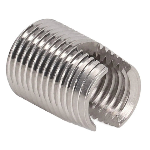 20Pcs Slotted Self Tapping Threaded Inserts Kit M16 By One Point Five 22mm Stainless Steel Helicoil Style Thread Repair For Cars And Trucks No Pre Tap Required High Tensile Strength Durable Fix., close-up stainless steel M16x1.5 slotted self-tapping threaded insert, 22mm