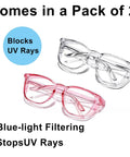 2 Pack Woman Safety Glasses Stand Guard Against Dust And Blue Light With Anti Fog Side Shields Pink Clear Frames Kick Glare While You Grind At Computer Desk UV400, featuring pink and clear frames.