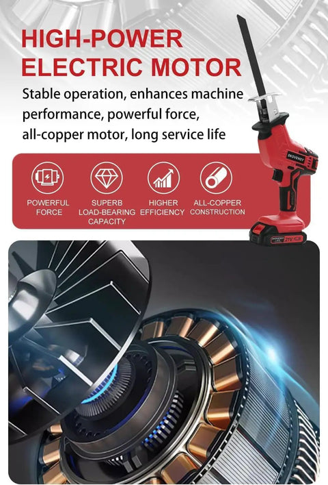 Cordless Reciprocating Saw Kit With Two 2.0Ah Batteries, Variable Speed, Red saw with highlighted high-power electric motor
