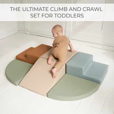 Toddler Tested Indoor Play Arena Featuring Super Soft Foam Climb Blocks Reconfigurable Crawl Tunnel Triangles And Steps Rock Solid Setup For Growing Little Legends, child climbing on multi-colored foam blocks.