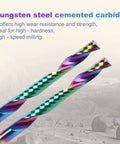 Two rainbow DLC-coated 1/8-inch shank O-flute up-cut router bits, solid carbide end mills