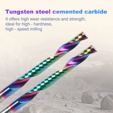 Two rainbow DLC-coated 1/8-inch shank O-flute up-cut router bits, solid carbide end mills