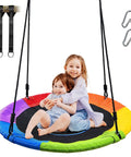 Two children sitting on 700 Lb 40 Inch Rainbow Saucer Tree Swing For Kids And Adults Outdoor With Textilene Fabric Weatherproof
