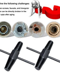 Dual Use Screw Extractor For Stripped And Broken Screws, Easy Out Tool for One Half Inch and Three Quarter Inch Water Pipes, Valves And Faucets, Heavy Duty Bolt Remover For Damaged Fasteners, shown with examples of use on worn fixtures.