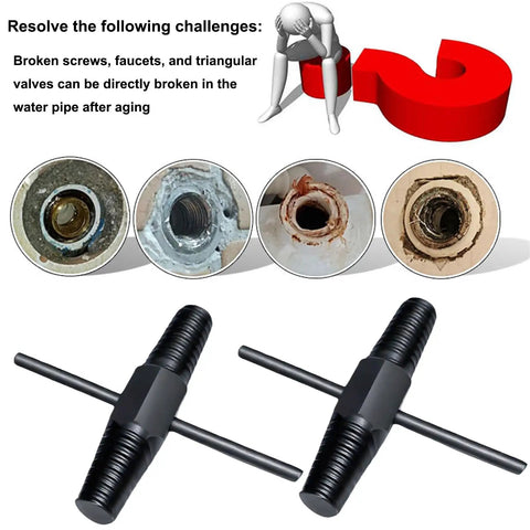 Dual Use Screw Extractor For Stripped And Broken Screws, Easy Out Tool for One Half Inch and Three Quarter Inch Water Pipes, Valves And Faucets, Heavy Duty Bolt Remover For Damaged Fasteners, shown with examples of use on worn fixtures.