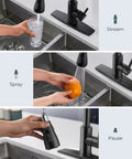 High Performance Slick Black Kitchen Faucet With Heavy Duty Pull Down Sprayer And Integrated Soap Dispenser Crafted From Lead Free Materials in use with stream, spray, and pause features.