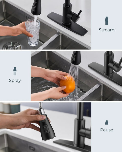High Performance Slick Black Kitchen Faucet With Heavy Duty Pull Down Sprayer And Integrated Soap Dispenser Crafted From Lead Free Materials in use with stream, spray, and pause features.