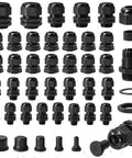 IP68 Waterproof Cable Gland Kit With 40 Pieces And Five NPT Sizes One Quarter Inch Three Eighths Inch One Half Inch Three Quarters Inch One Inch Plus Nineteen Top Hat Rubber Grommets For Cable Glands Strain Relief Nylon Cord Connector