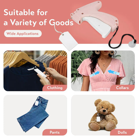 Clothing Label Gun Tag Kit With Five Needles And One Thousand Micro Fasteners Pink Edition displayed with usage examples