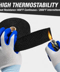 Gloved hands holding fiberglass wrap being tested with a lighter from Dope Heavy Duty Exhaust Heat Wrap Kit 2x16 Ft For Motorcycle Or Car