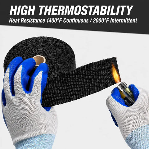 Gloved hands holding fiberglass wrap being tested with a lighter from Dope Heavy Duty Exhaust Heat Wrap Kit 2x16 Ft For Motorcycle Or Car