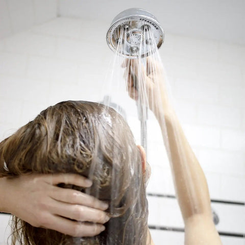 Caspian Anystream Multi Function Handheld Shower Head With 5 Adjustable Jets Delivering 40 Sprays And 12 Massage Modes For A Home Spa Vibe in use.