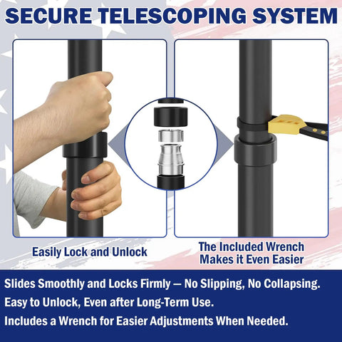 Secure locking mechanism of 20Ft RV Telescoping Flag Pole Kit With Heavy Duty 14 Gauge Aluminum Flagpole And Tire Mount Base Portable Flag Kit