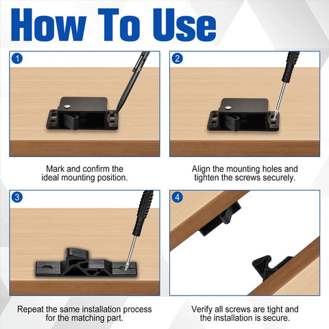 Installation guide for Solid 4 Pack RV Cabinet Latches Kit With Case And Screws showing steps for accurate mounting on wood surface.