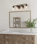 Farmhouse Vanity Light Fixture With Faux Wood Finish And Clear Glass Shades, 4 Light Rustic Industrial Style above mirror