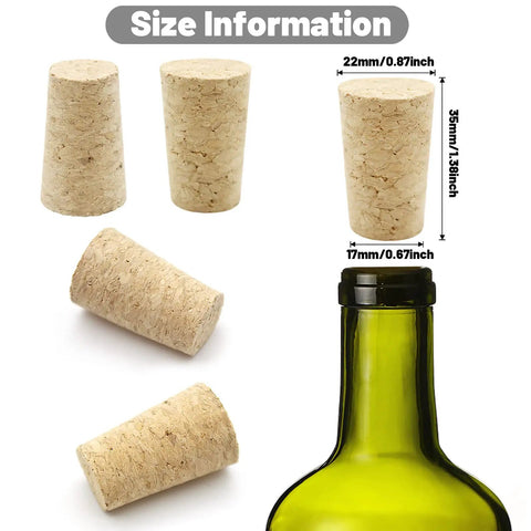 30 Pack All Natural Wood Wine Corks Tapered Plugs For Wine Beer And Liquor Bottles Replacement Corks For Sealing And Cork Craft Projects 0.87 By 0.67 By 1.38 Inch Durable Soft Wood showing size details with bottle.