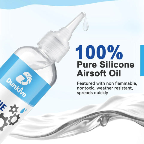 Silicone Airsoft Lubricant With Needle Oiler 6 oz bottle close-up with droplet showing non-flammable silicone oil label.