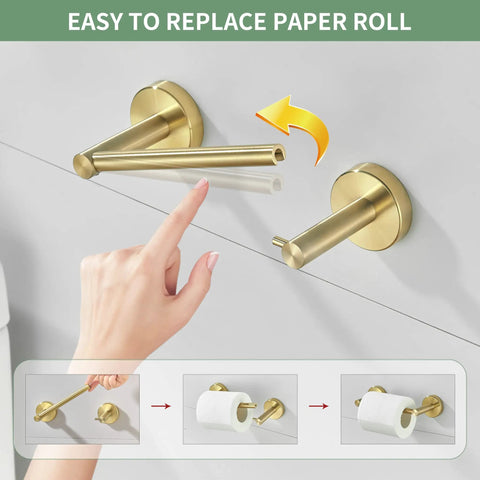 Gold Brushed Toilet Paper Holder And Towel Ring Set For Bathroom Wall Mount Double Post SUS304 Stainless Steel shown in use