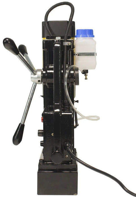 Heavy Duty Magnetic Drill Paired With Seven Piece 2 Inch HSS Annular Cutter Kit For Grit And Grind Metal Fabrication, side view with controls